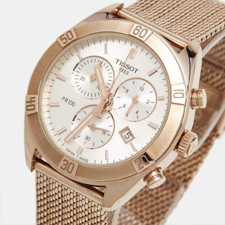 Pre Owned Tissot Silver Dial Rose Gold Plated Stainless Steel PR100 T101.917.33.031.00 Women's Wristwatch 38 mm