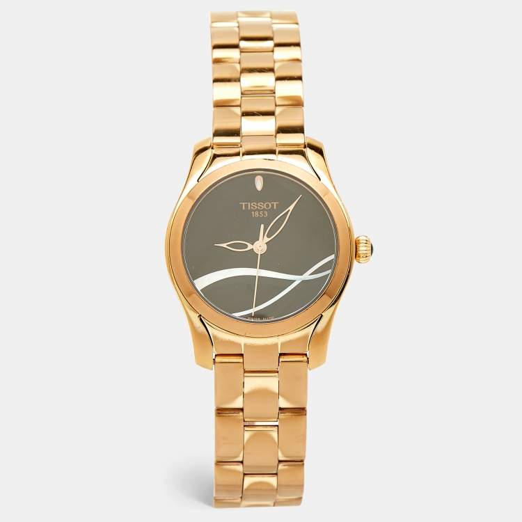 Pre Owned Tissot Black and Mother of Pearl Rose Gold Stainless Steel T-Wave T112.210.33.051.00 Women's Wristwatch 30 mm 