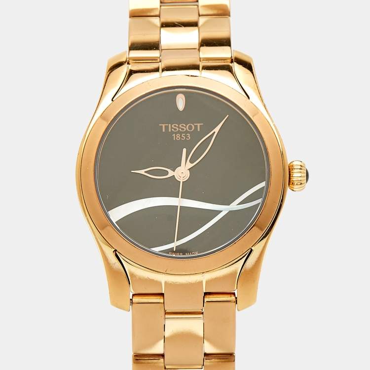 Pre Owned Tissot Black and Mother of Pearl Rose Gold Stainless Steel T-Wave T112.210.33.051.00 Women's Wristwatch 30 mm 
