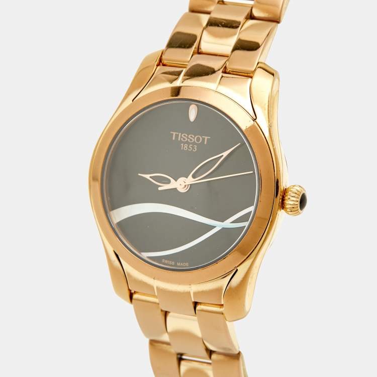 Pre Owned Tissot Black and Mother of Pearl Rose Gold Stainless Steel T-Wave T112.210.33.051.00 Women's Wristwatch 30 mm 