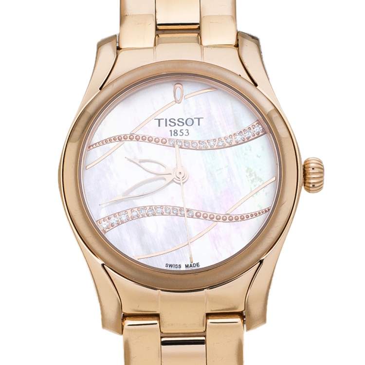 مملوكة مسبقًا Tissot Mother of Pearl Rose Gold Plated Stainless Steel Diamond T-Wave T112210B Women's Wristwatch 30 mm