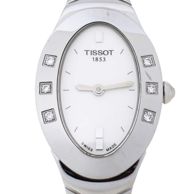 مملوكة مسبقًا Tissot White Stainless Steel Diamond Oval Women's Wristwatch 21 mm