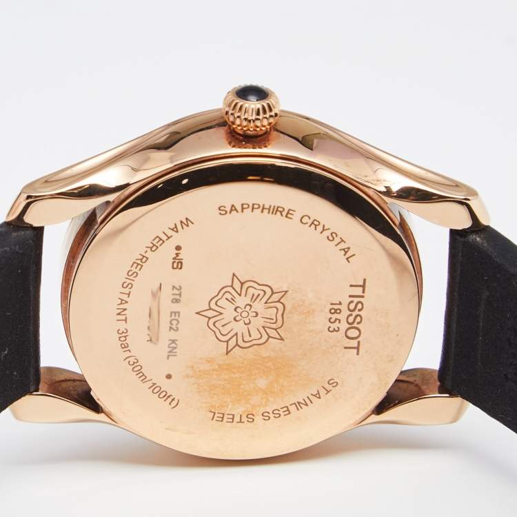 Pre Owned Tissot Black Rose Gold Plated Stainless Steel Leather Wave T112210A Women's Wristwatch 30 mm 