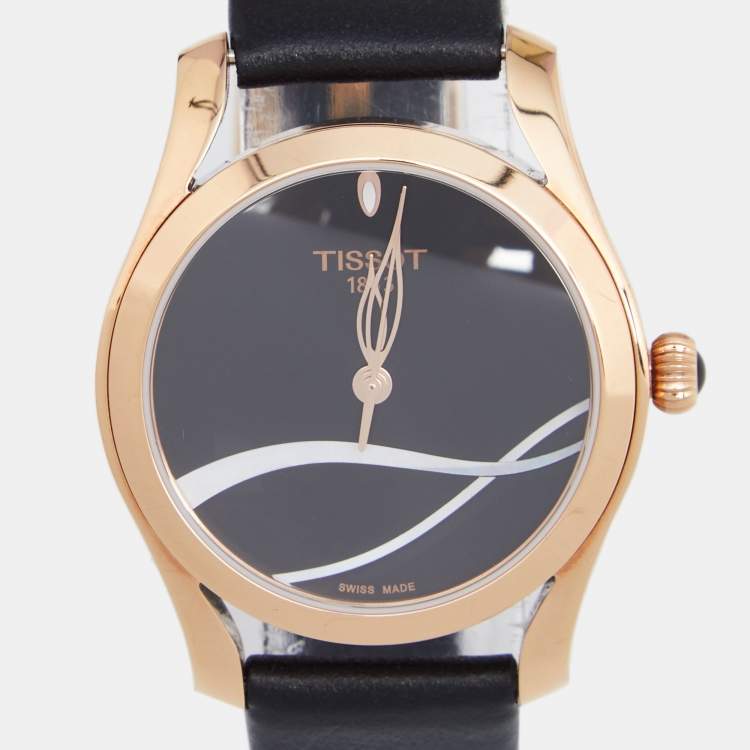 Pre Owned Tissot Black Rose Gold Plated Stainless Steel Leather Wave T112210A Women's Wristwatch 30 mm 