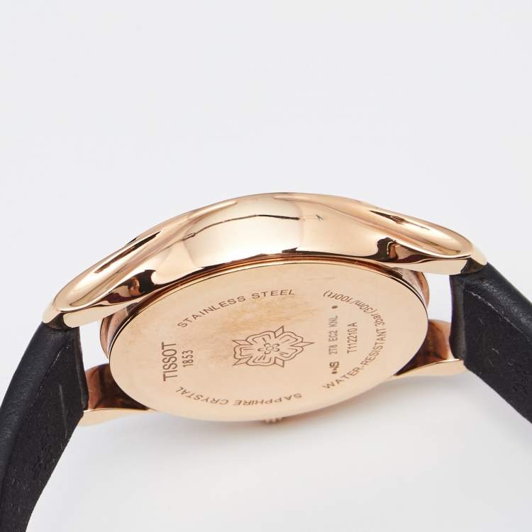 Pre Owned Tissot Black Rose Gold Plated Stainless Steel Leather Wave T112210A Women's Wristwatch 30 mm 