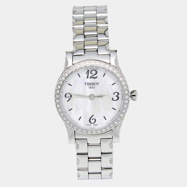 Tissot Mother of Pearl Diamond Stainless Steel Stylis T T028210A Women s Wristwatch 28MM Tissot The Luxury Closet