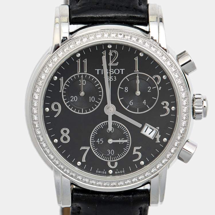 Pre Owned Tissot Black Stainless Steel Diamond Leather Dressport T050.217.16.052.01 Women's Wristwatch 35 mm