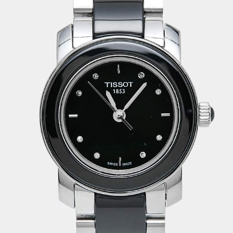 Pre Owned Tissot Black Ceramic Stainless Steel Diamond T-Trend T064.210.22.056.00 Women's Wristwatch 28 mm
