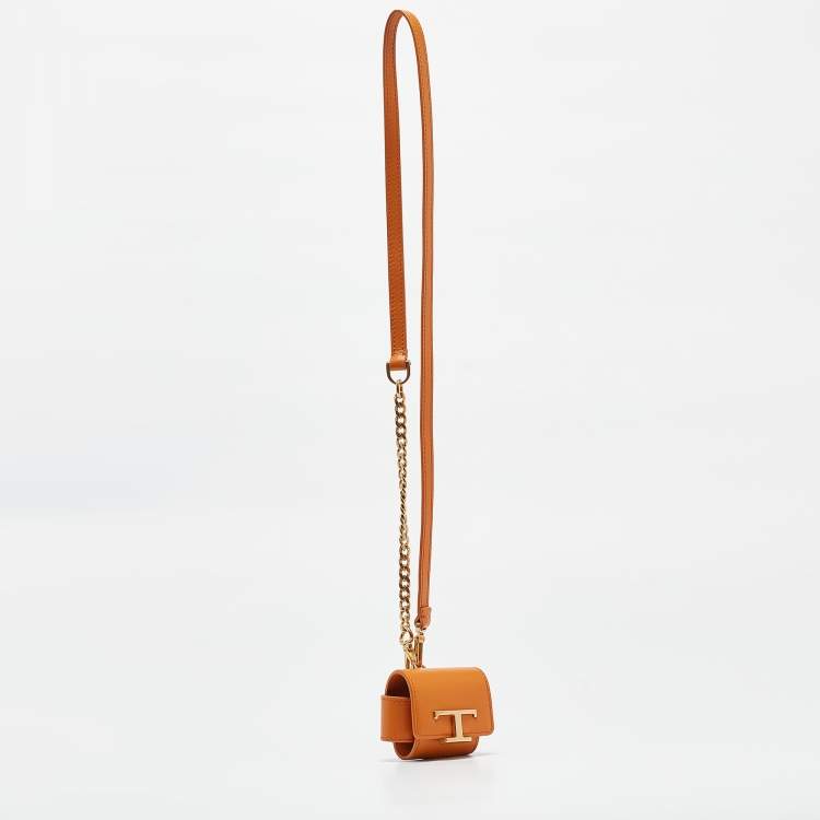 Pre Owned Tod's Orange Leather Timeless Airpods Case with Strap