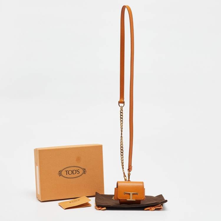 Pre Owned Tod's Orange Leather Timeless Airpods Case with Strap