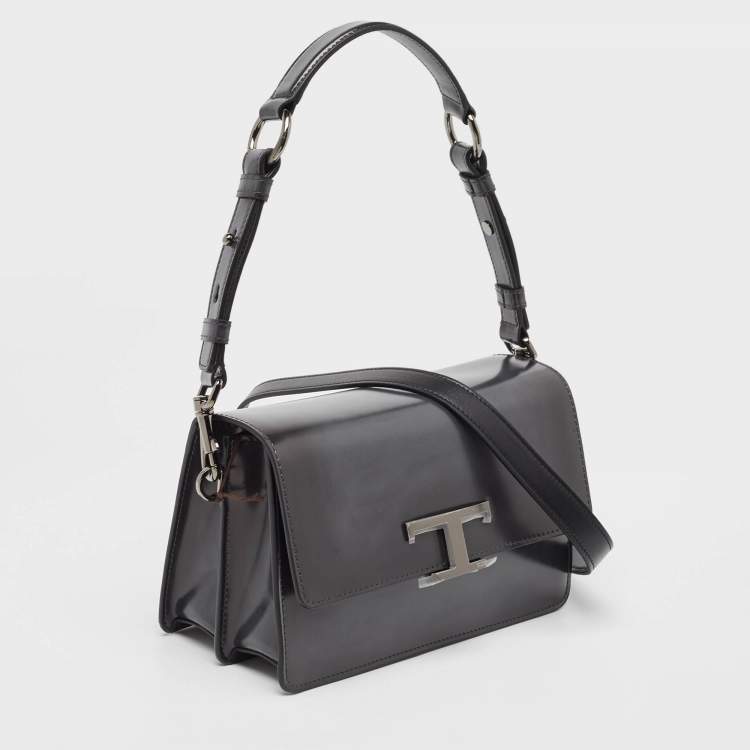 Pre Owned Tod's Dark Grey Leather Mini T Timeless Shoulder Bag