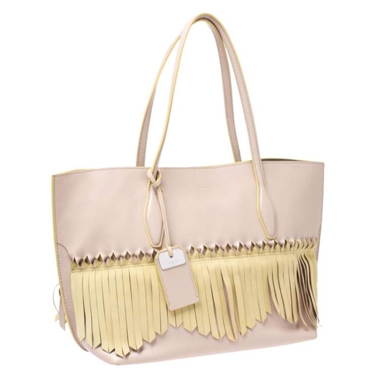 Pre Owned Tod's Beige/Yellow Leather Origami Fringe Shopping Tote