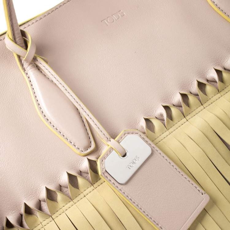 Pre Owned Tod's Beige/Yellow Leather Origami Fringe Shopping Tote