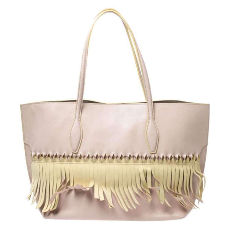 Pre Owned Tod's Beige/Yellow Leather Origami Fringe Shopping Tote
