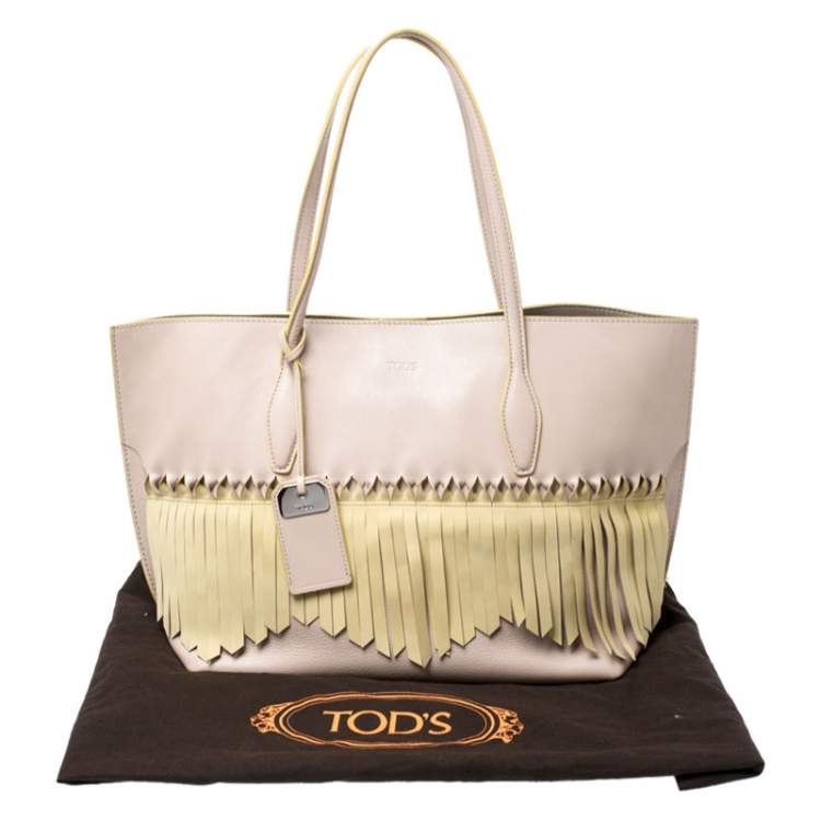 Pre Owned Tod's Beige/Yellow Leather Origami Fringe Shopping Tote