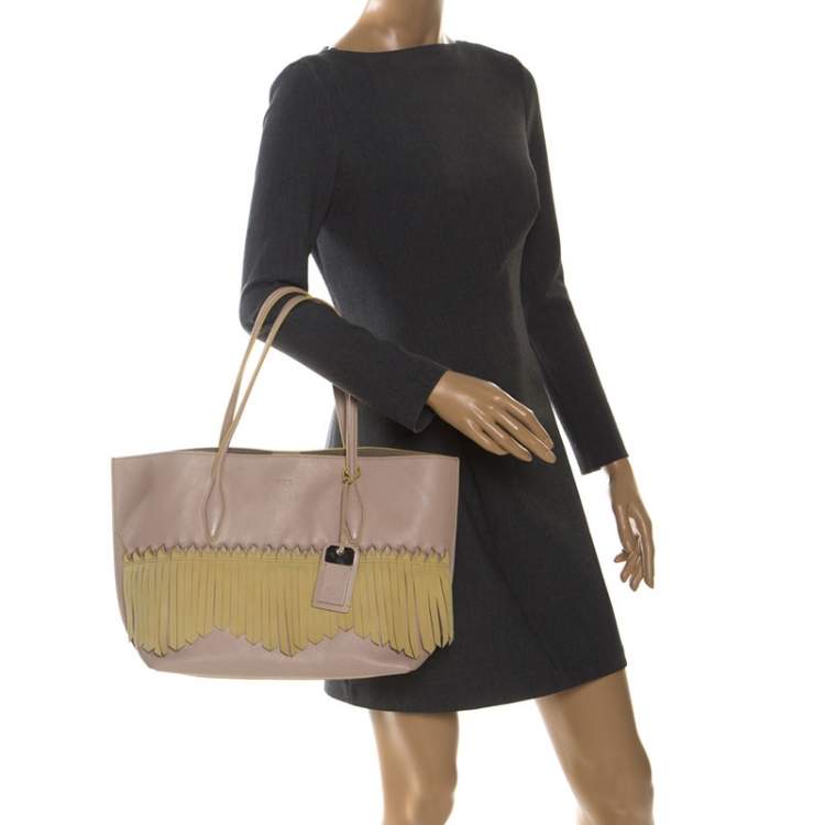 Pre Owned Tod's Beige/Yellow Leather Origami Fringe Shopping Tote