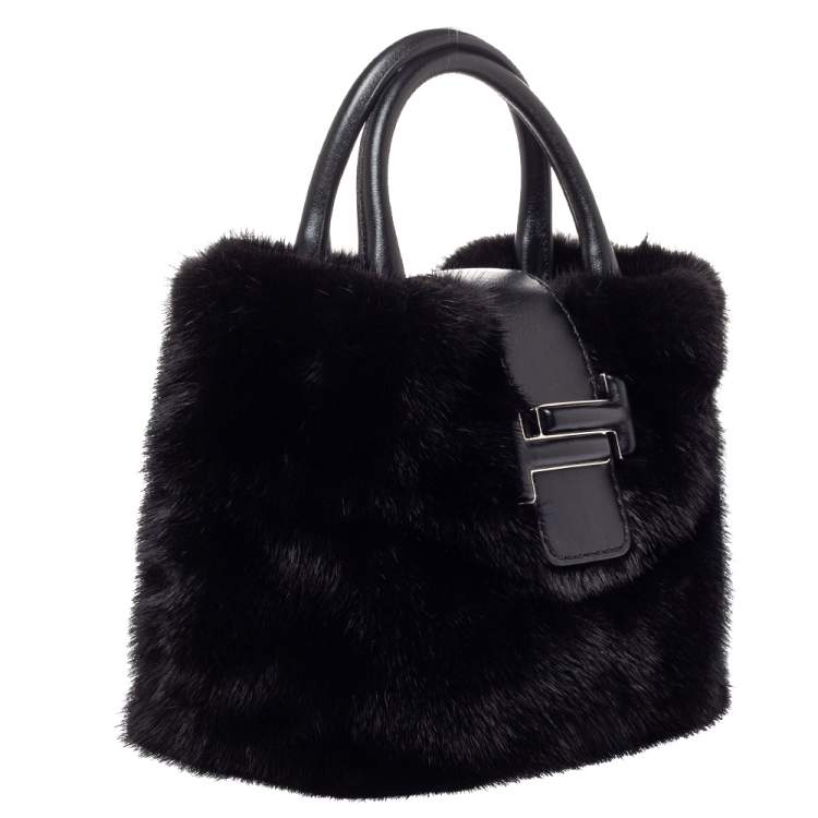 مملوكة مسبقًا Tod's Black Mink Fur and Leather Double T Flap Tote