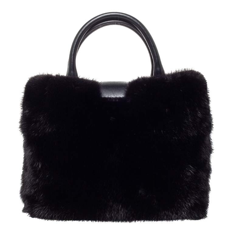 مملوكة مسبقًا Tod's Black Mink Fur and Leather Double T Flap Tote