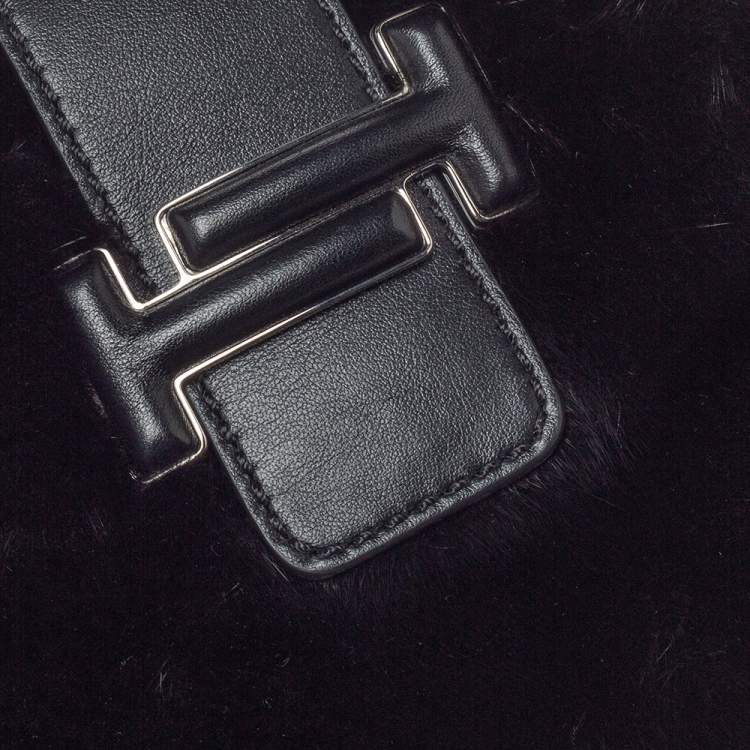 مملوكة مسبقًا Tod's Black Mink Fur and Leather Double T Flap Tote