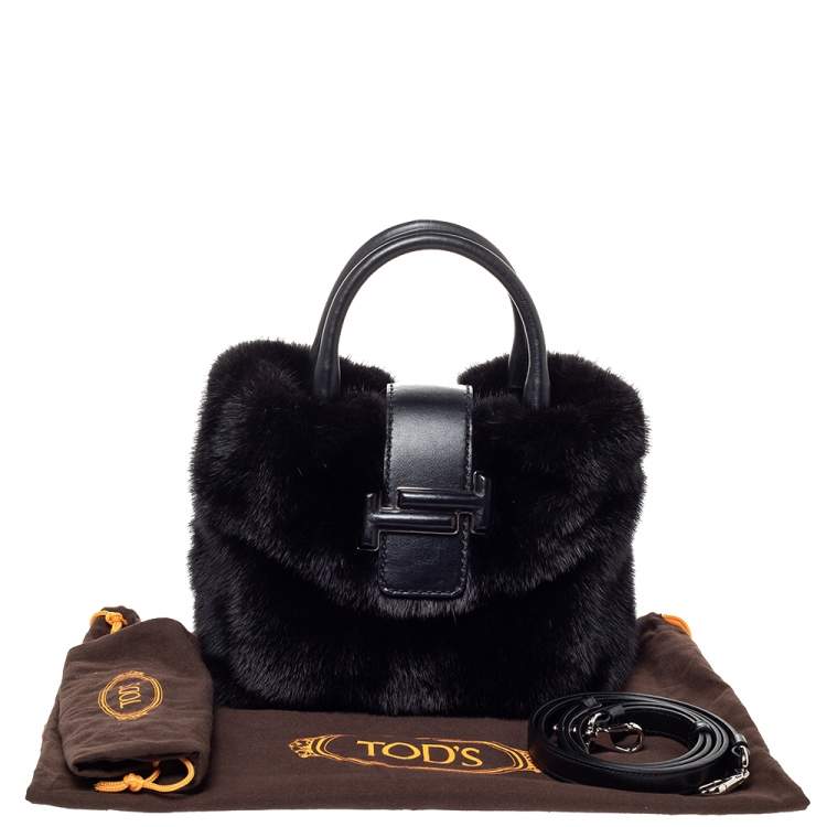 مملوكة مسبقًا Tod's Black Mink Fur and Leather Double T Flap Tote