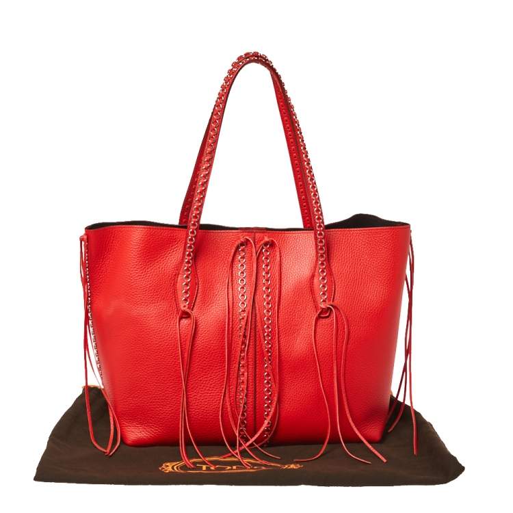Pre Owned Tod's Red Leather ANJ Rings Shopper Tote