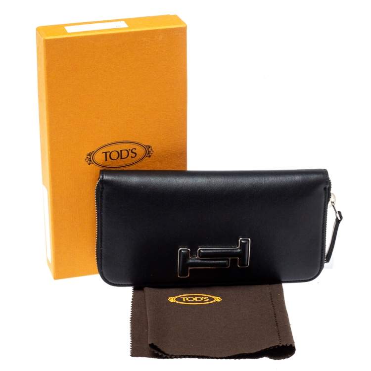 Pre Owned Tod's Black Leather Double T Zip Around Continental Wallet