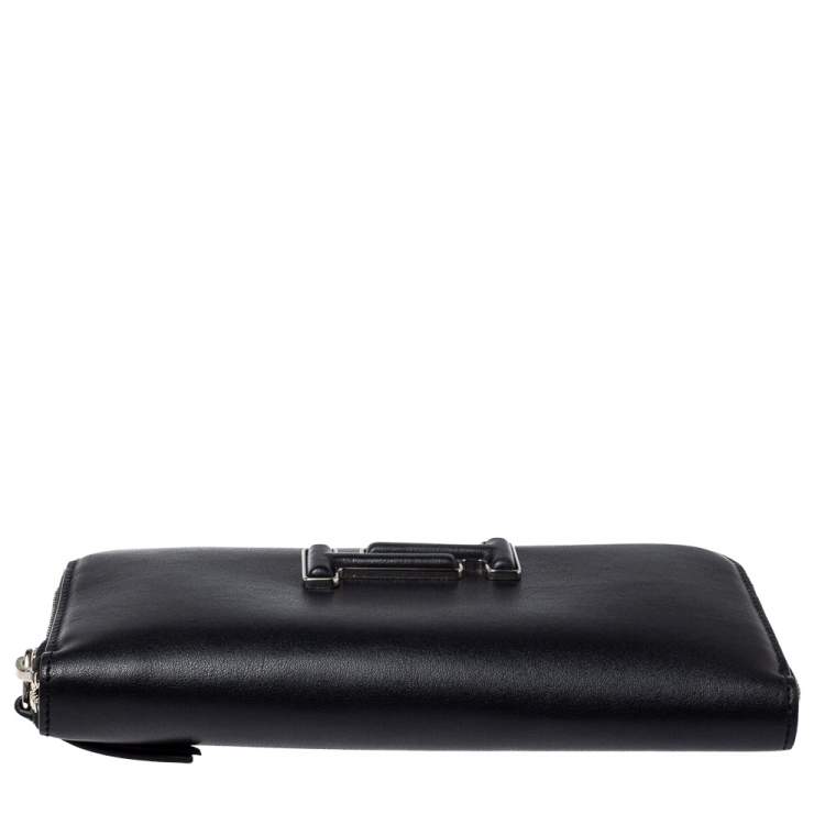 Pre Owned Tod's Black Leather Double T Zip Around Continental Wallet