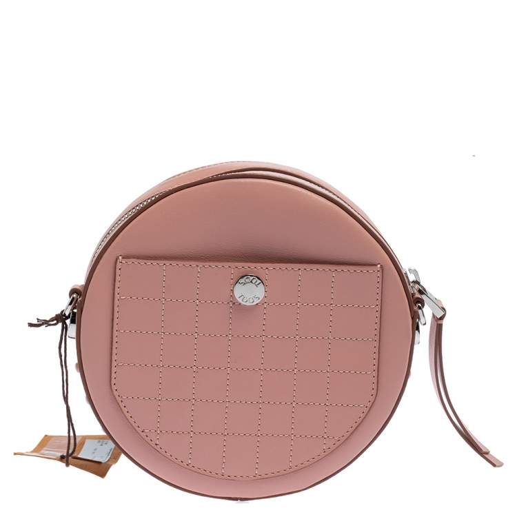 Pre Owned Tod's Pink Leather Round Gommini Crossbody Bag