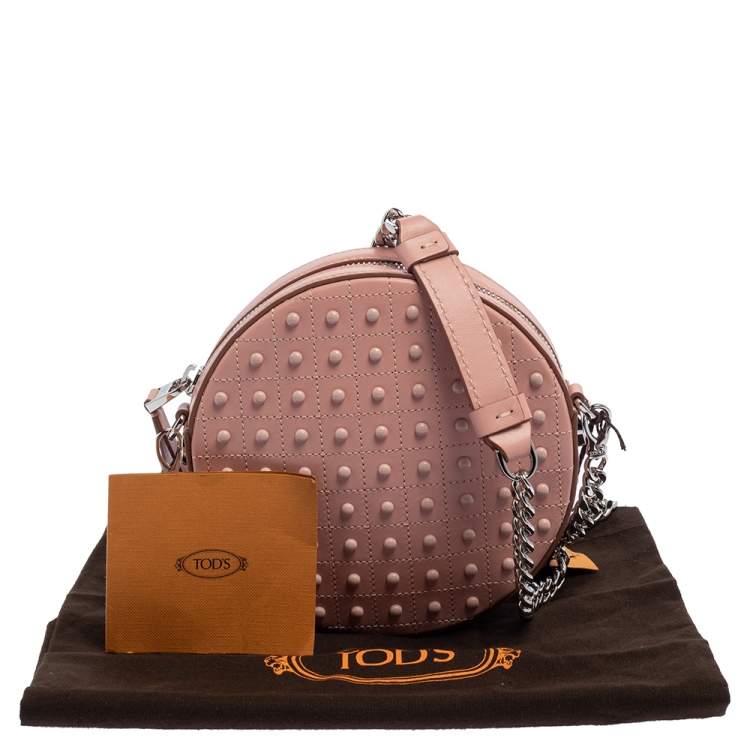 Pre Owned Tod's Pink Leather Round Gommini Crossbody Bag