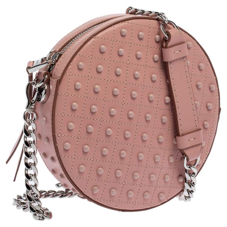 Pre Owned Tod's Pink Leather Round Gommini Crossbody Bag