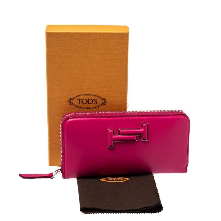 Pre Owned Tod's Pink Leather Double T Zip Around Continental Wallet