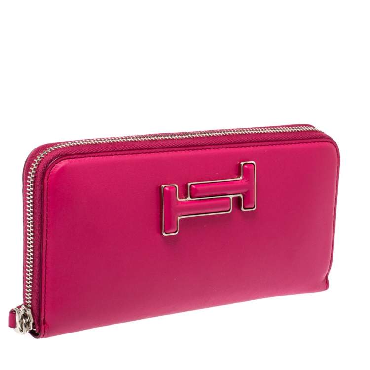 Pre Owned Tod's Pink Leather Double T Zip Around Continental Wallet