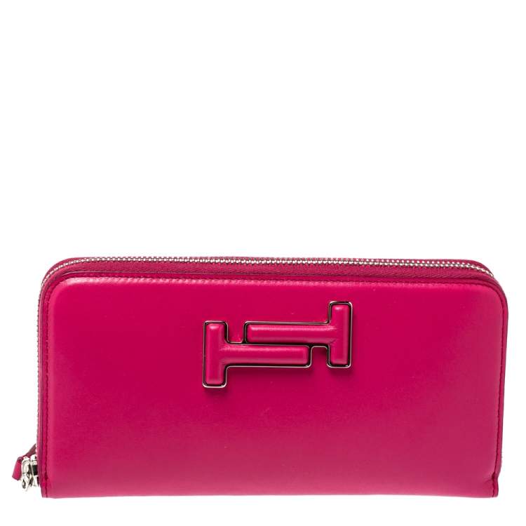 Pre Owned Tod's Pink Leather Double T Zip Around Continental Wallet
