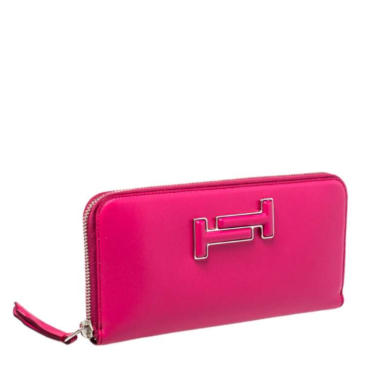 Pre Owned Tod's Fuchsia Leather Double T Zip Around Wallet