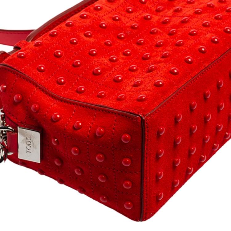 Pre Owned Tod's Red Suede Micro Studs Gommino Shoulder Bag