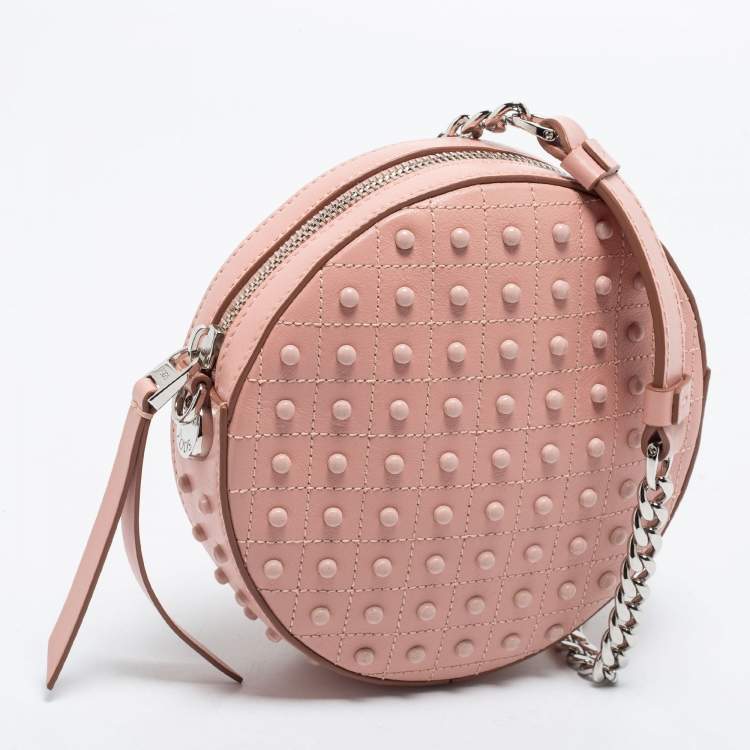 Pre Owned Tod's Pink Leather Round Gommini Crossbody Bag