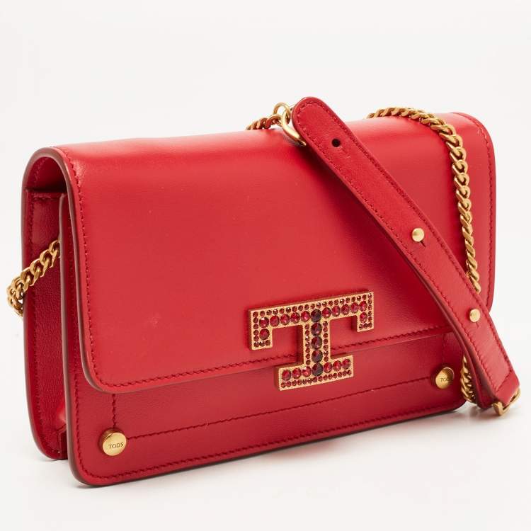 Pre Owned Tod's Red Leather T Timeless Micro Crossbody Bag