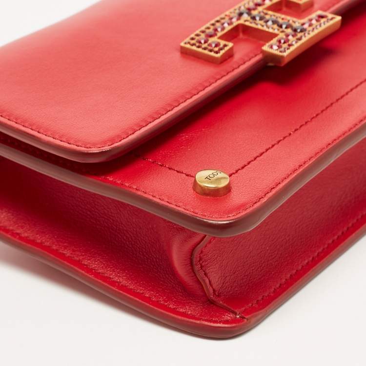 Pre Owned Tod's Red Leather T Timeless Micro Crossbody Bag