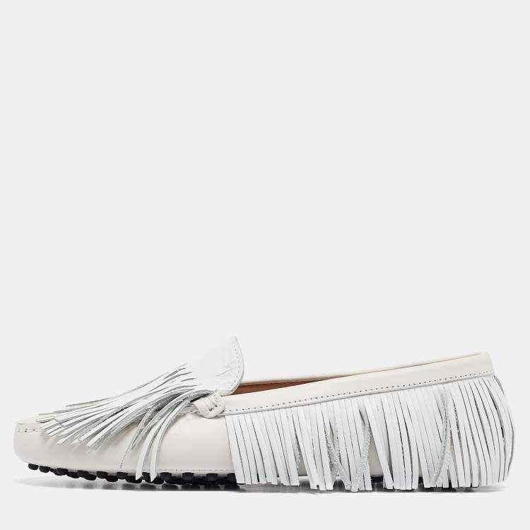 Pre Owned Tod's White Leather Fringed Loafers Size 35