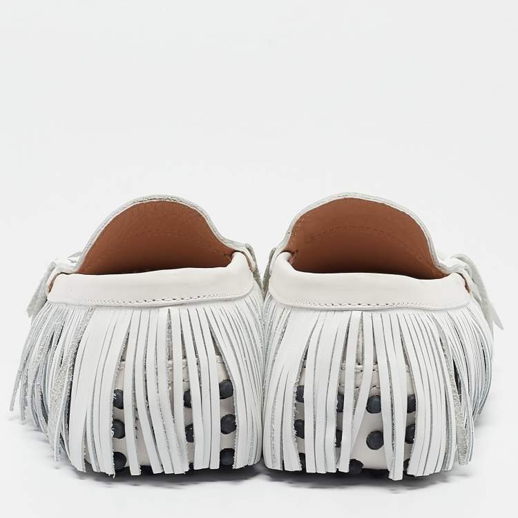 Pre Owned Tod's White Leather Fringed Loafers Size 35