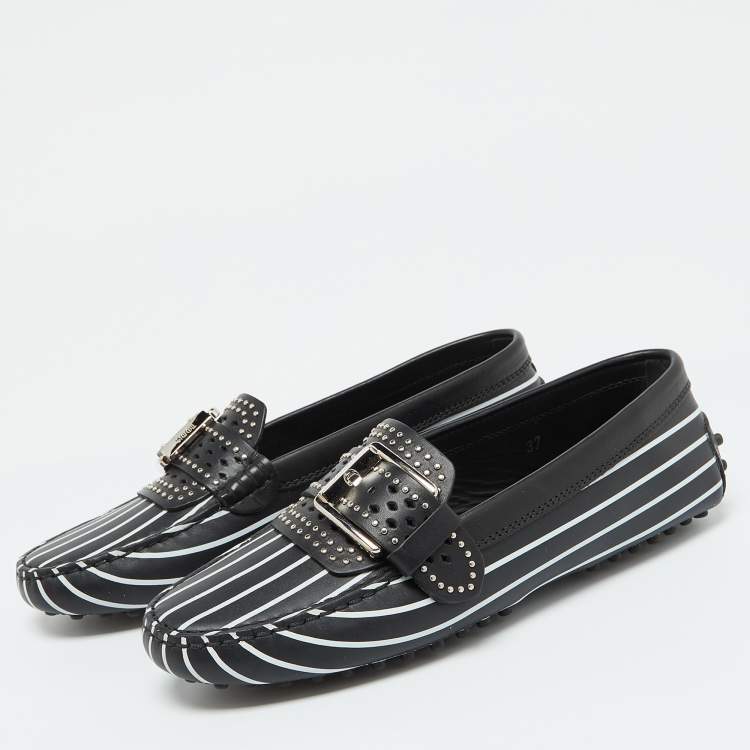 Pre Owned Tod's Black/White Striped Leather Embellished Slip On Loafers Size 37