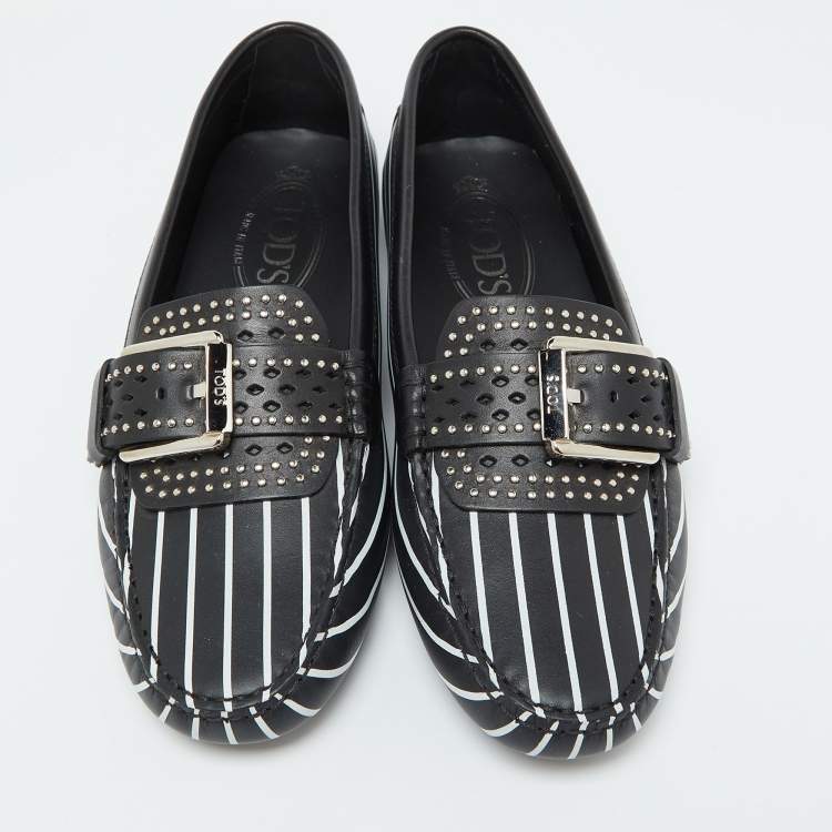 Pre Owned Tod's Black/White Striped Leather Embellished Slip On Loafers Size 37