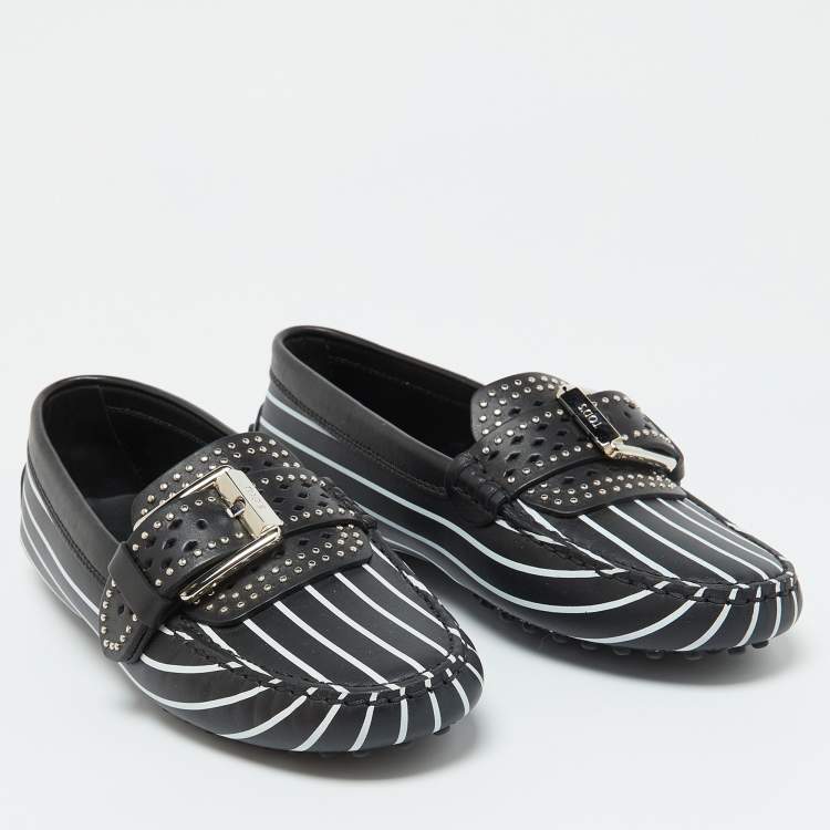 Pre Owned Tod's Black/White Striped Leather Embellished Slip On Loafers Size 37