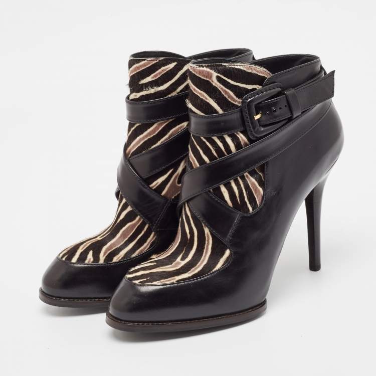 Pre Owned Tod's Black/Brown Calf Hair and Leather Ankle Boots Size 38.5