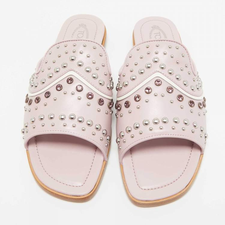 Pre Owned Tod's Purple Leather Crystal Embellished Flat Slides Size 37.5