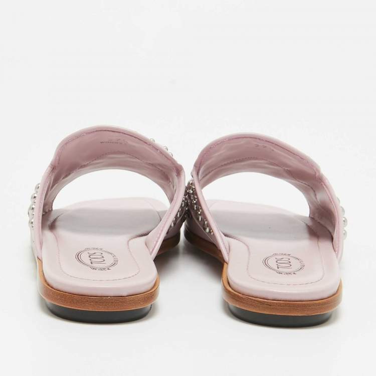 Pre Owned Tod's Purple Leather Crystal Embellished Flat Slides Size 37.5