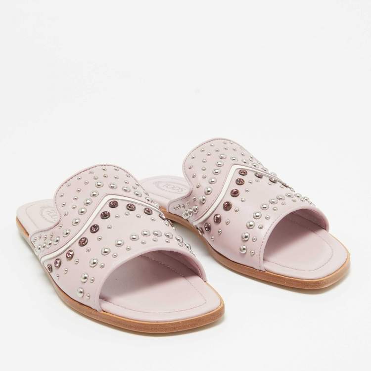 Pre Owned Tod's Purple Leather Crystal Embellished Flat Slides Size 37.5