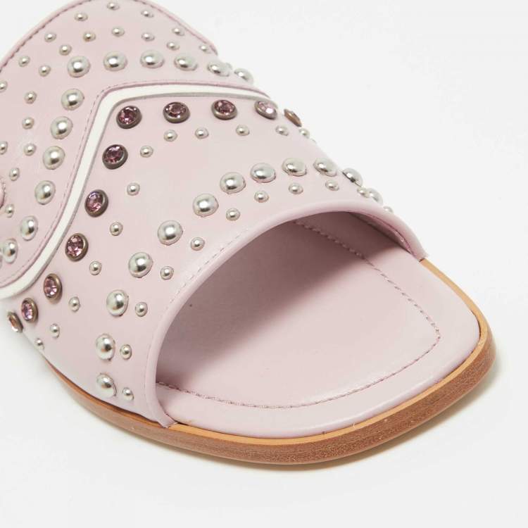 Pre Owned Tod's Purple Leather Crystal Embellished Flat Slides Size 37.5