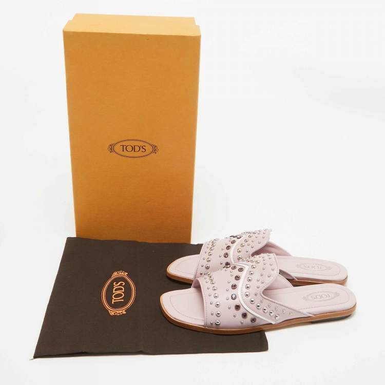 Pre Owned Tod's Purple Leather Crystal Embellished Flat Slides Size 37.5