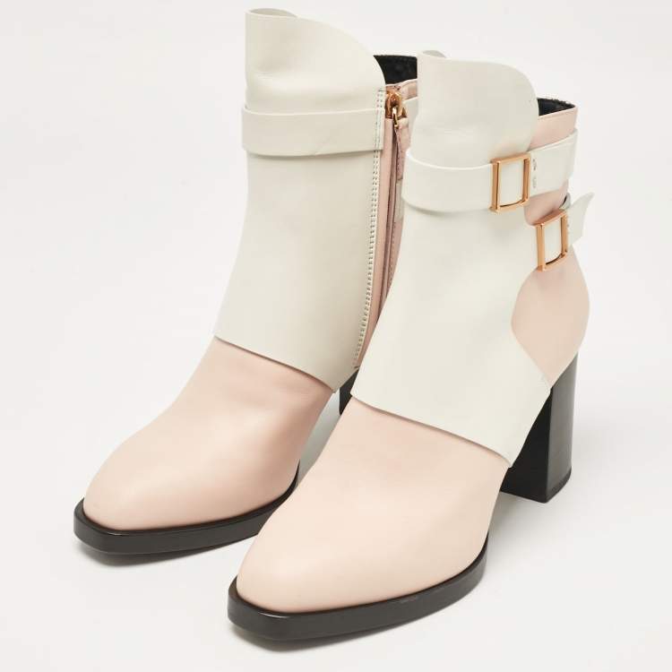 مملوكة مسبقًا Tod's Pink/White Leather Block Heel Ankle Length Boots Size 38.5